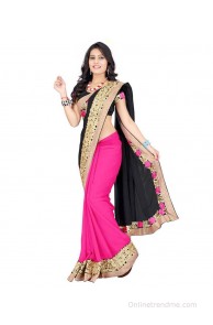 Jenny Half N half Exclusive Fancy Designer, Party wear, ready to wear Embroidery work Georgette Black-pink Sarees